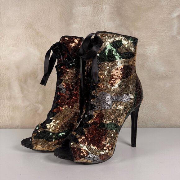 Sequin Camouflage Lace-Up Peep-Toe Ankle Boots With Side Zipper 8 - Picture 1 of 13